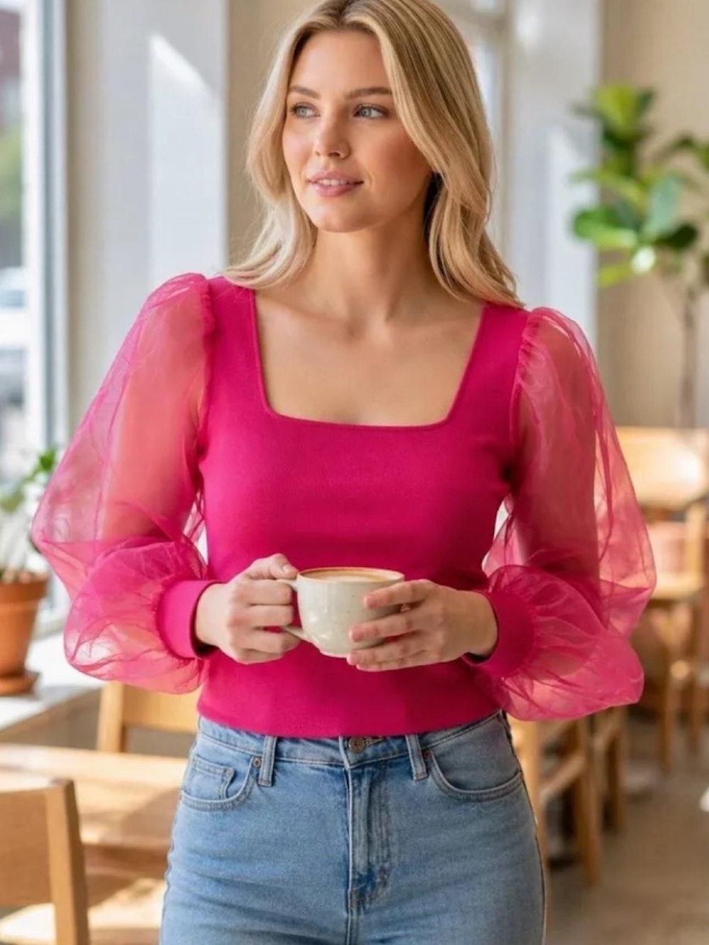 House of Harlow 1960 Pink Square Neck Sheer Balloon Sleeve Knit Top